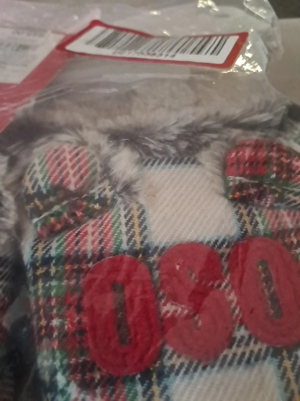 SO Plaid Fur-Trim Indoor Slippers with Red Embroidery